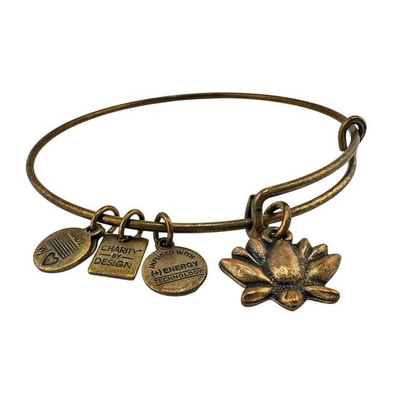 Alex and Ani Lotus Peace Petals Bronze Tone Charm Bangle 7.75" Bracelet - Picture 2 of 5